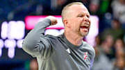 Feb 16, 2025; South Bend, Indiana, USA; Louisville Cardinals head coach Pat Kelsey reacts in the first half against the Notre Dame Fighting Irish at the Purcell Pavilion. Mandatory Credit: Matt Cashore-Imagn Images
