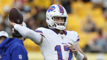 Aug 17, 2024; Pittsburgh, Pennsylvania, USA;  Buffalo Bills quarterback Josh Allen (17) warms up on the field before a game against the Pittsburgh Steelers at Acrisure Stadium. Mandatory Credit: Charles LeClaire-USA TODAY Sports