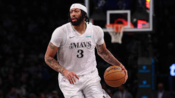Mar 24, 2025; Brooklyn, New York, USA; Dallas Mavericks forward Anthony Davis (3) dribbles up court during the second half against the Brooklyn Nets at Barclays Center. Mandatory Credit: Vincent Carchietta-Imagn Images