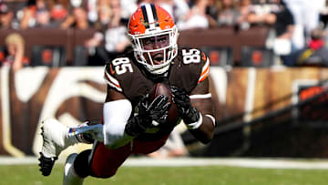 Cleveland Browns tight end David Njoku (85) tries to make a catch but drooped the ball against th Cincinnati Bengals during the NFL Week 7 game at Huntington Bank Field in Cleveland October 20, 2024. The Bengals won 21-14.