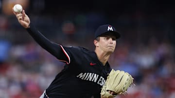 Sep 27, 2025; Philadelphia, Pennsylvania, USA; Minnesota Twins pitcher Mick Abel (20) throws a pitch during the second inning against the Philadelphia Phillies at Citizens Bank Park. Mandatory Credit: Bill Streicher-Imagn Images