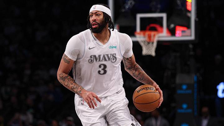 Mar 24, 2025; Brooklyn, New York, USA; Dallas Mavericks forward Anthony Davis (3) dribbles up court during the second half against the Brooklyn Nets at Barclays Center. Mandatory Credit: Vincent Carchietta-Imagn Images