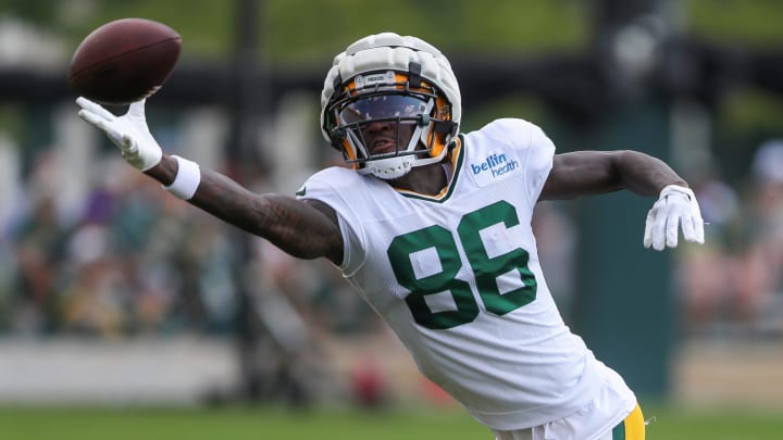 Green Bay Packers wide receiver Grant DuBose (86) reaches out for a pass at training camp on Aug. 6.