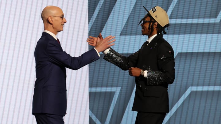 Jun 26, 2024; Brooklyn, NY, USA; Rob Dillingham shakes hands with NBA commissioner Adam Silver after being selected in the first round by the San Antonio Spurs in the 2024 NBA Draft at Barclays Center.