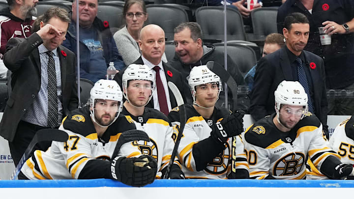 Nov 5, 2024; Toronto, Ontario, CAN; Boston Bruins head coach Jim Montgomery watches the play against the Toronto Maple Leafs during the third period at Scotiabank Arena. Mandatory Credit: Nick Turchiaro-Imagn Imagess