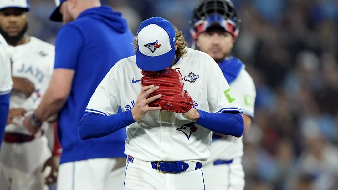 Oct 25, 2025; Toronto, Ontario, CAN; Toronto Blue Jays pitcher Kevin Gausman (34) is relieved in the seventh inning against the Los Angeles Dodgers during game two of the 2025 MLB World Series at Rogers Centre.