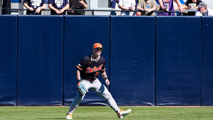 Detroit Tigers outfielder Max Clark fields against New York Yankees during the fifth inning at George M. Steinbrenner Field in Tampa, Fla. on Saturday, Feb. 21, 2026.