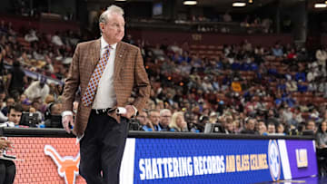 Mar 8, 2025; Greenville, SC, USA; Texas Longhorns head coach Vic Schaefer during the second half against the LSU Lady Tigers at Bon Secours Wellness Arena. 