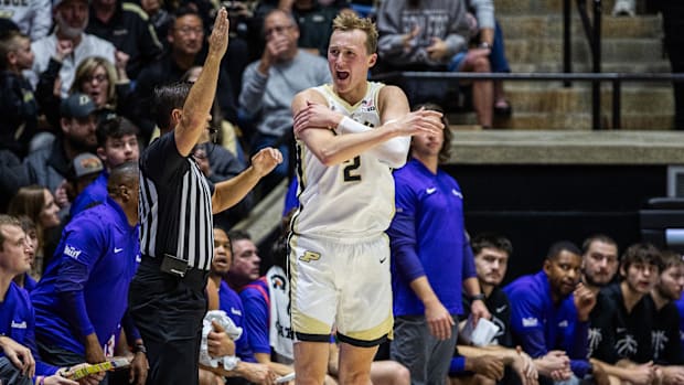 Purdue Boilermakers guard Fletcher Loyer (2) celebrates a made basket
