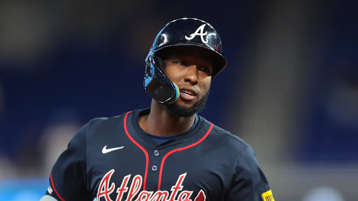 Aug 27, 2025; Miami, Florida, USA; Atlanta Braves left fielder Jurickson Profar (7) circles the bases after hitting a home run against the Miami Marlins during the first inning at loanDepot Park. Mandatory Credit: Sam Navarro-Imagn Images
