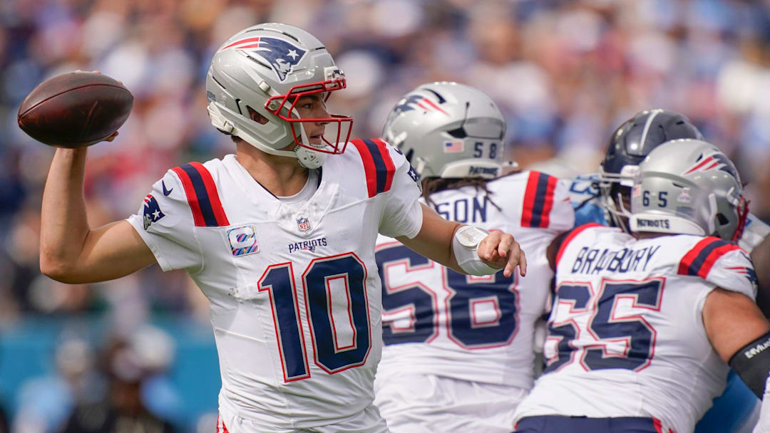 New England Patriots quarterback Drake Maye (10) fires the ball downfield during the first quarter against the Tennessee Titans at Nissan Stadium in Nashville, Tenn., Sunday, Oct. 19, 2025.