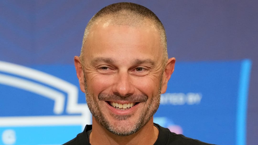Feb 24, 2026; Indianapolis, IN, USA; Las Vegas Raiders general manager John Spytek speaks at the NFL Scouting Combine at the Indiana Convention Center. Mandatory Credit: Kirby Lee-Imagn Images