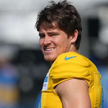 Los Angeles Chargers quarterback Justin Herbert (10) reacts during training camp at The Bolt.