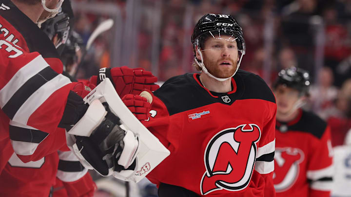 Mar 4, 2026; Newark, New Jersey, USA; New Jersey Devils right wing Connor Brown (16) celebrates his goal against the Toronto Maple Leafs during the third period at Prudential Center. Mandatory Credit: Ed Mulholland-Imagn Images