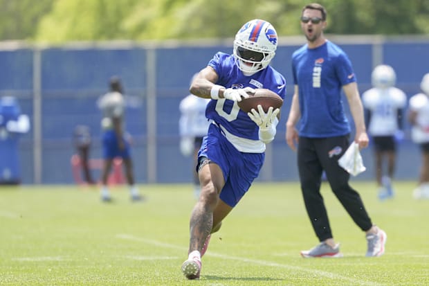 Buffalo Bills wide receiver Keon Coleman makes a catch during Minicamp at Highmark Stadium. Buffalo Bills wide receiver Keon Coleman makes a catch during Minicamp at Highmark Stadium.
