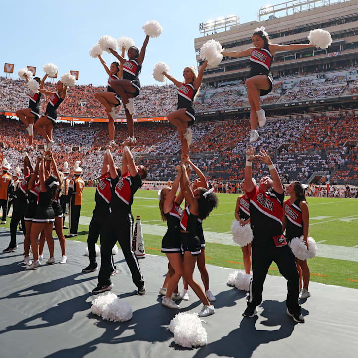 The Georgia Bulldogs cheerleaders perform during the second half against the Tennessee Volunteers at Neyland Stadium. 
