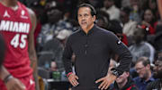 Feb 24, 2025; Atlanta, Georgia, USA; Miami Heat head coach Erik Spoelstra reacts on the bench against the Atlanta Hawks during the second half at State Farm Arena. Mandatory Credit: Dale Zanine-Imagn Images