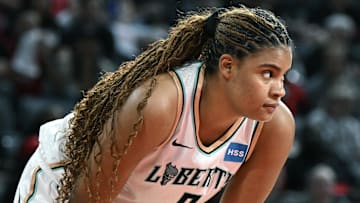 Oct 11, 2023; Las Vegas, Nevada, USA; New York Liberty forward Nyara Sabally (8) waits for the Las Vegas Aces to shoot a free throw in the second half during game two of the 2023 WNBA Finals at Michelob Ultra Arena. Mandatory Credit: Candice Ward-Imagn Images