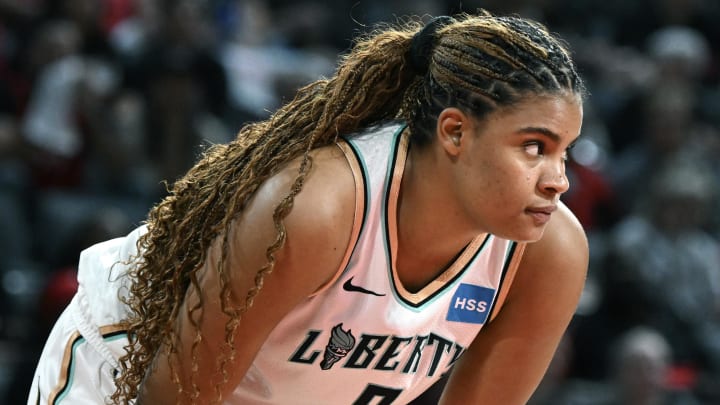 Oct 11, 2023; Las Vegas, Nevada, USA; New York Liberty forward Nyara Sabally (8) waits for the Las Vegas Aces to shoot a free throw in the second half during game two of the 2023 WNBA Finals at Michelob Ultra Arena. Mandatory Credit: Candice Ward-USA TODAY Sports