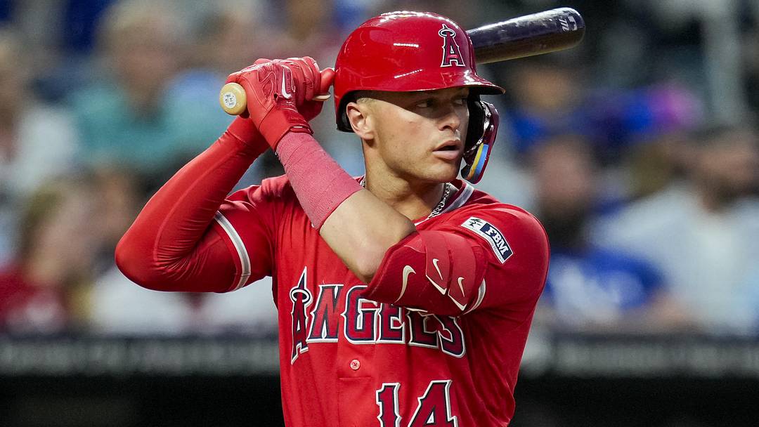 Apr 25, 2026; Kansas City, Missouri, USA; Los Angeles Angels catcher Logan O'Hoppe (14) bats during the seventh inning against the Kansas City Royals at Kauffman Stadium. Mandatory Credit: Jay Biggerstaff-Imagn Images