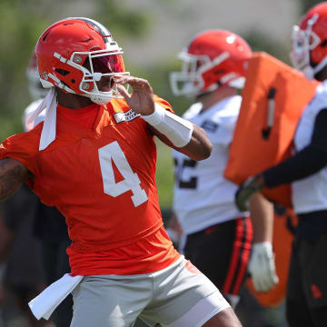 Browns quarterback Deshaun Watson throws during minicamp, Tuesday, June 11, 2024, in Berea.