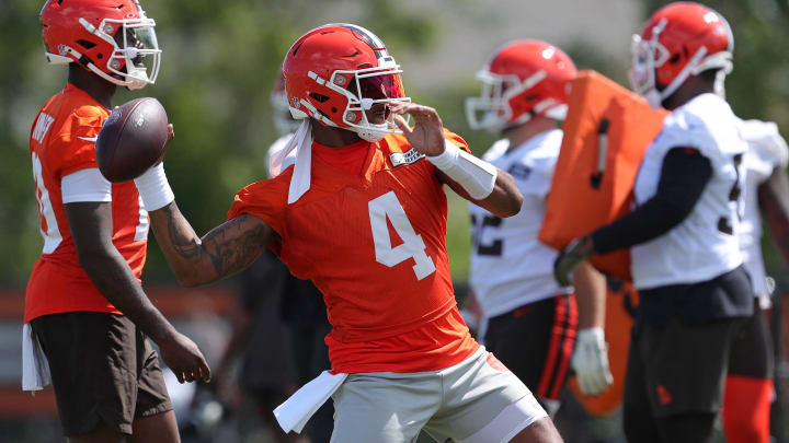 Browns quarterback Deshaun Watson throws during minicamp, Tuesday, June 11, 2024, in Berea.