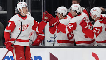 Mar 24, 2025; Salt Lake City, Utah, USA; Detroit Red Wings left wing Elmer Soderblom (85) celebrates a goal against the Utah Hockey Club during the first period at Delta Center. Mandatory Credit: Rob Gray-Imagn Images