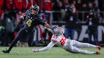 Rondale Moore #4 of the Purdue Boilermakers runs the ball during the game against the Ohio State Buckeyes at Ross-Ade Stadium on October 20, 2018 in West Lafayette, Indiana.