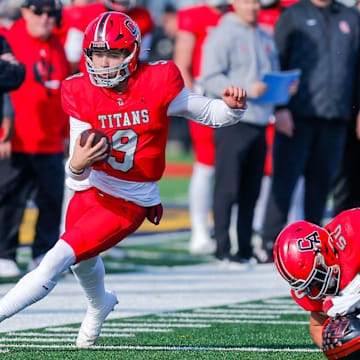 Carl Albert quarterback Kevin Sperry Jr. (9) runs the ball during the 5A high school football state championship game between Carl Albert and Del City at Chad Richison Stadium in Edmond, Okla., on Saturday, Dec. 2, 2023.