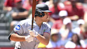 May 25, 2025; Anaheim, California, USA; Miami Marlins designated hitter Matt Mervis (36) doubles against the Los Angeles Angels during the third inning at Angel Stadium. Mandatory Credit: Jonathan Hui-Imagn Images