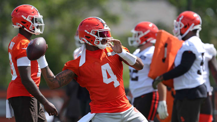 Browns quarterback Deshaun Watson throws during minicamp, Tuesday, June 11, 2024, in Berea.