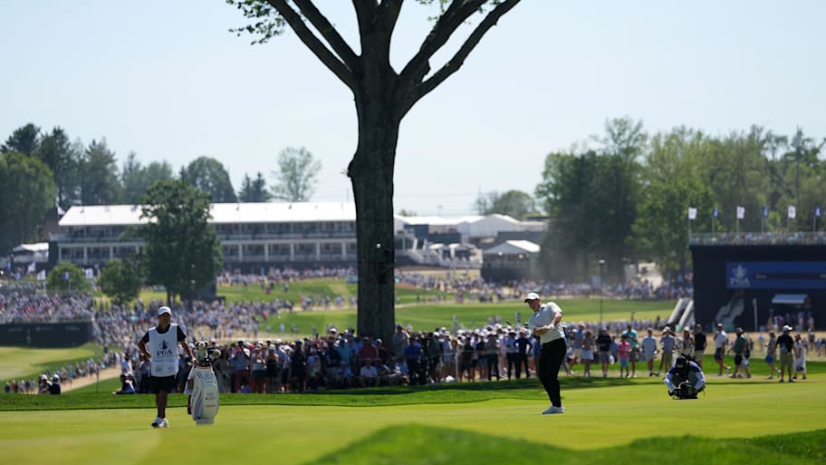 Rory McIlroy plays on the 18th hole during the third round of the PGA Championship 