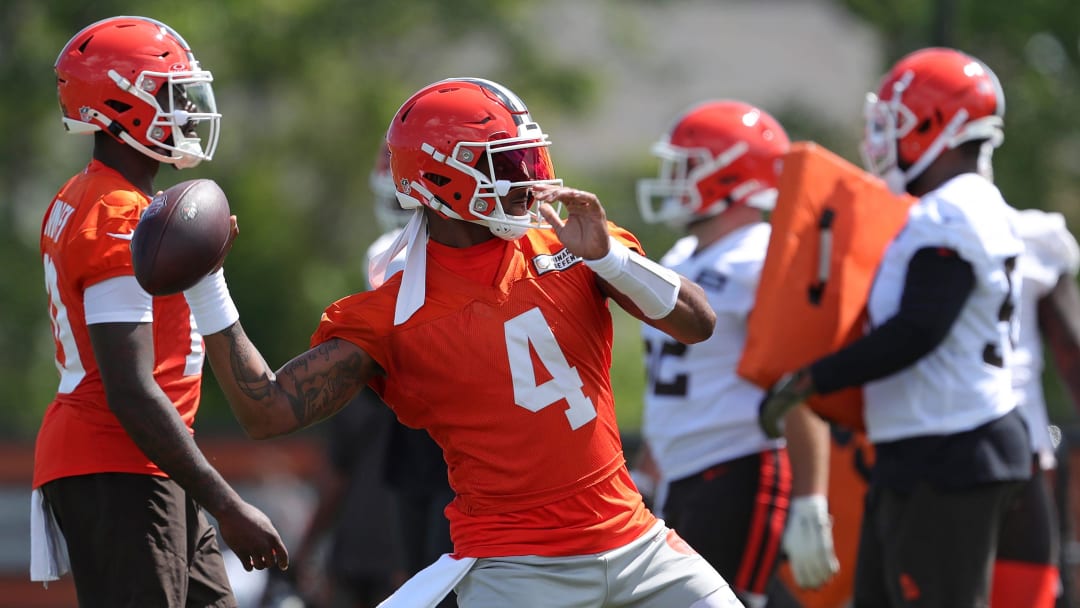 Browns quarterback Deshaun Watson throws during minicamp, Tuesday, June 11, 2024, in Berea.