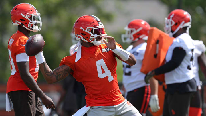 Browns quarterback Deshaun Watson throws during minicamp, Tuesday, June 11, 2024, in Berea.