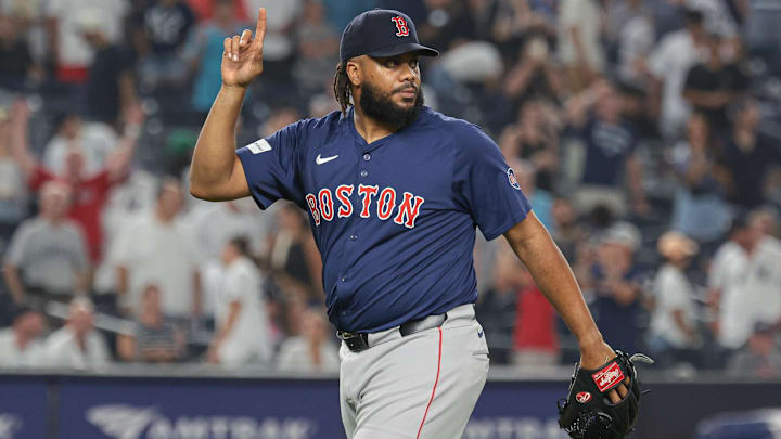 Jul 5, 2024; Bronx, New York, USA; Boston Red Sox relief pitcher Kenley Jansen (74) celebrates after closing the game against the New York Yankees at Yankee Stadium. Mandatory Credit: Vincent Carchietta-USA TODAY Sports