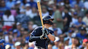 Sep 13, 2025; Chicago, Illinois, USA; Tampa Bay Rays catcher Hunter Feduccia (30) hits a single against the Chicago Cubs during a game at Wrigley Field. 