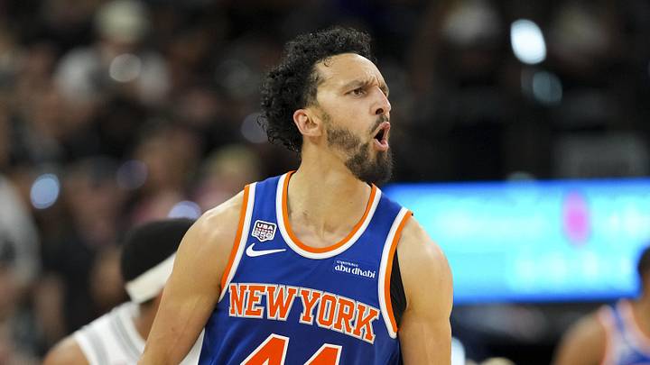 Jun 5, 2026; San Antonio, Texas, USA; New York Knicks guard Landry Shamet (44) celebrates during the fourth quarter during game two of the 2026 NBA Finals at Frost Bank Center. Mandatory Credit: Scott Wachter-Imagn Images