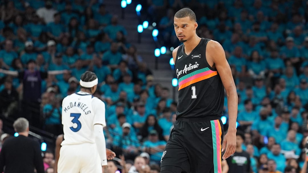 May 4, 2026; San Antonio, Texas, USA; San Antonio Spurs forward Victor Wembanyama (1) looks up the court in the second half against the Minnesota Timberwolves during Game 1 of the second round of the 2026 NBA Playoffs at Frost Bank Center.