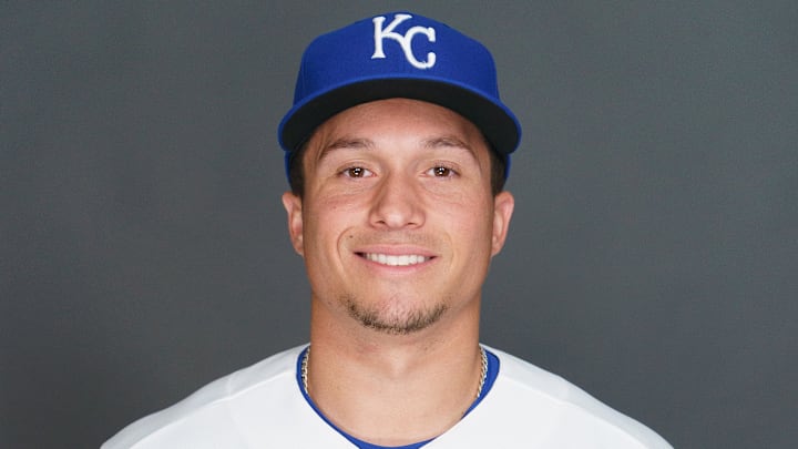 Feb 19, 2026; Surprise, AZ, USA; Kansas City Royals outfielder Isaac Collins (1) poses for a photo for MLB media day at Surprise Stadium. Mandatory Credit: Allan Henry-Imagn Images