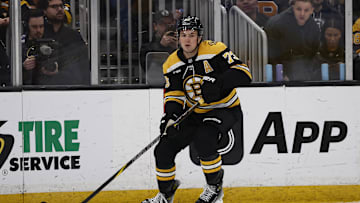 Feb 8, 2025; Boston, Massachusetts, USA; Boston Bruins defenseman Charlie McAvoy (73) against the Vegas Golden Knights during the second period at TD Garden. Mandatory Credit: Winslow Townson-Imagn Images