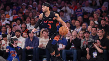 Nov 28, 2025; New York, New York, USA; New York Knicks guard Josh Hart (3) dribbles up court during the second half against the Milwaukee Bucks at Madison Square Garden. Mandatory Credit: Vincent Carchietta-Imagn Images