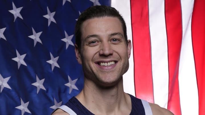 Apr 17, 2024; New York, New York, USA;  U.S. Olympic athlete Jimmer Fredette poses for a photo at the Team USA Media Summit at Mariott Marquis.