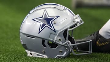 Oct 3, 2021; Arlington, Texas, USA; Detailed view of a Dallas Cowboys football helmet against the Carolina Panthers at AT&T Stadium. Mandatory Credit: Mark J. Rebilas-Imagn Images