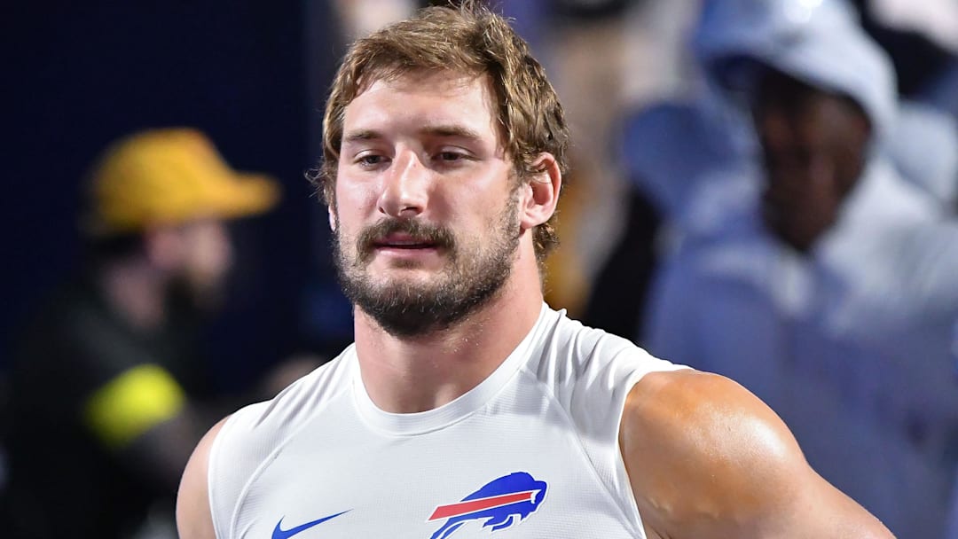 Oct 5, 2025; Orchard Park, New York, USA; Buffalo Bills defensive end Joey Bosa (97) enters the field to warm up  before a game against the New England Patriots at Highmark Stadium. Mandatory Credit: Mark Konezny-Imagn Images