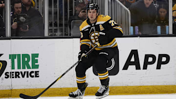 Feb 8, 2025; Boston, Massachusetts, USA; Boston Bruins defenseman Charlie McAvoy (73) against the Vegas Golden Knights during the second period at TD Garden. Mandatory Credit: Winslow Townson-Imagn Images