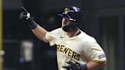 Milwaukee Brewers first baseman Andrew Vaughn (28) rounds the bases after hitting a home run against the Chicago Cubs at American Family Field.