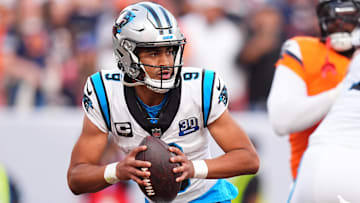 Oct 27, 2024; Denver, Colorado, USA; Carolina Panthers quarterback Bryce Young (9) prepares to pass the ball in the fourth quarter against the Denver Broncos at Empower Field at Mile High. Mandatory Credit: Ron Chenoy-Imagn Images