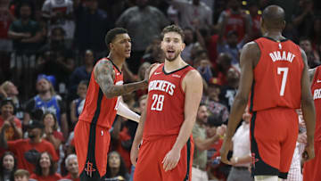 Nov 16, 2025; Houston, Texas, USA; Houston Rockets center Alperen Sengun (28) reacts after making a basket during overtime against the Orlando Magic at Toyota Center. Mandatory Credit: Troy Taormina-Imagn Images