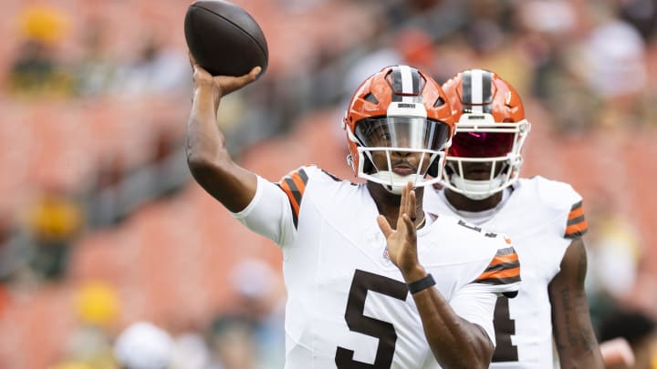 Aug 10, 2024; Cleveland, Ohio, USA; Cleveland Browns quarterback Jameis Winston (5) throws the ball during warmups before the game against the Green Bay Packers at Cleveland Browns Stadium. Mandatory Credit: Scott Galvin-USA TODAY Sports