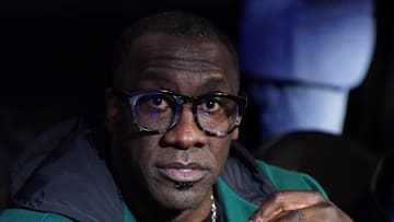 Former NFL player and ESPN personality Shannon Sharpe looks on in the second half of the in season tournament championship final between the Indiana Pacers and the Los Angeles Lakers at T-Mobile Arena on Dec. 9, 2023.
